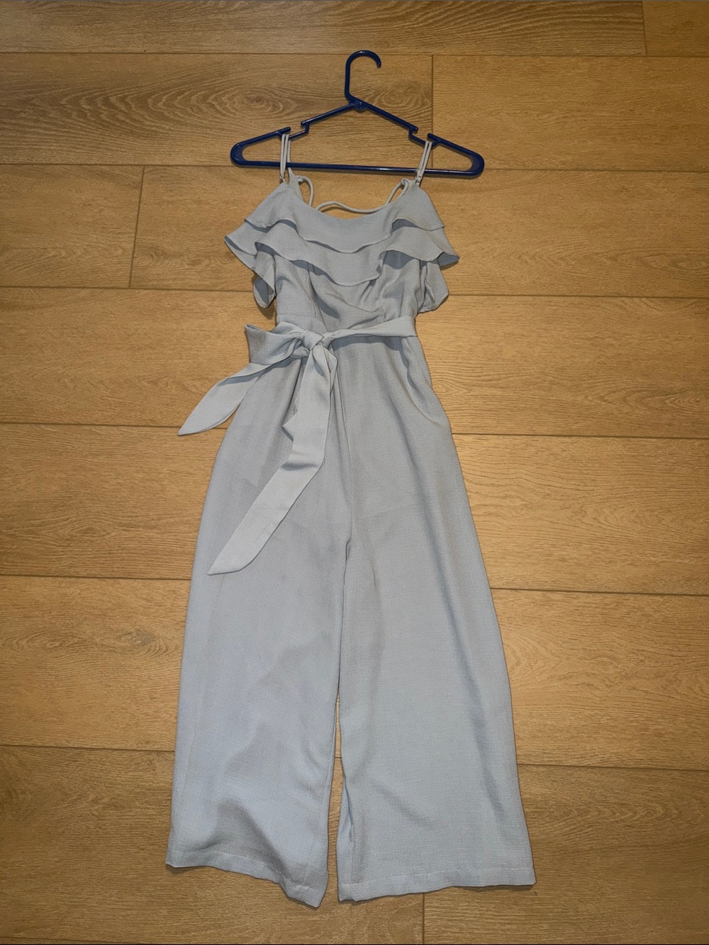 Dainty Hooligan Pale Blue Ruffle-Front Spaghetti Strap Jumpsuit